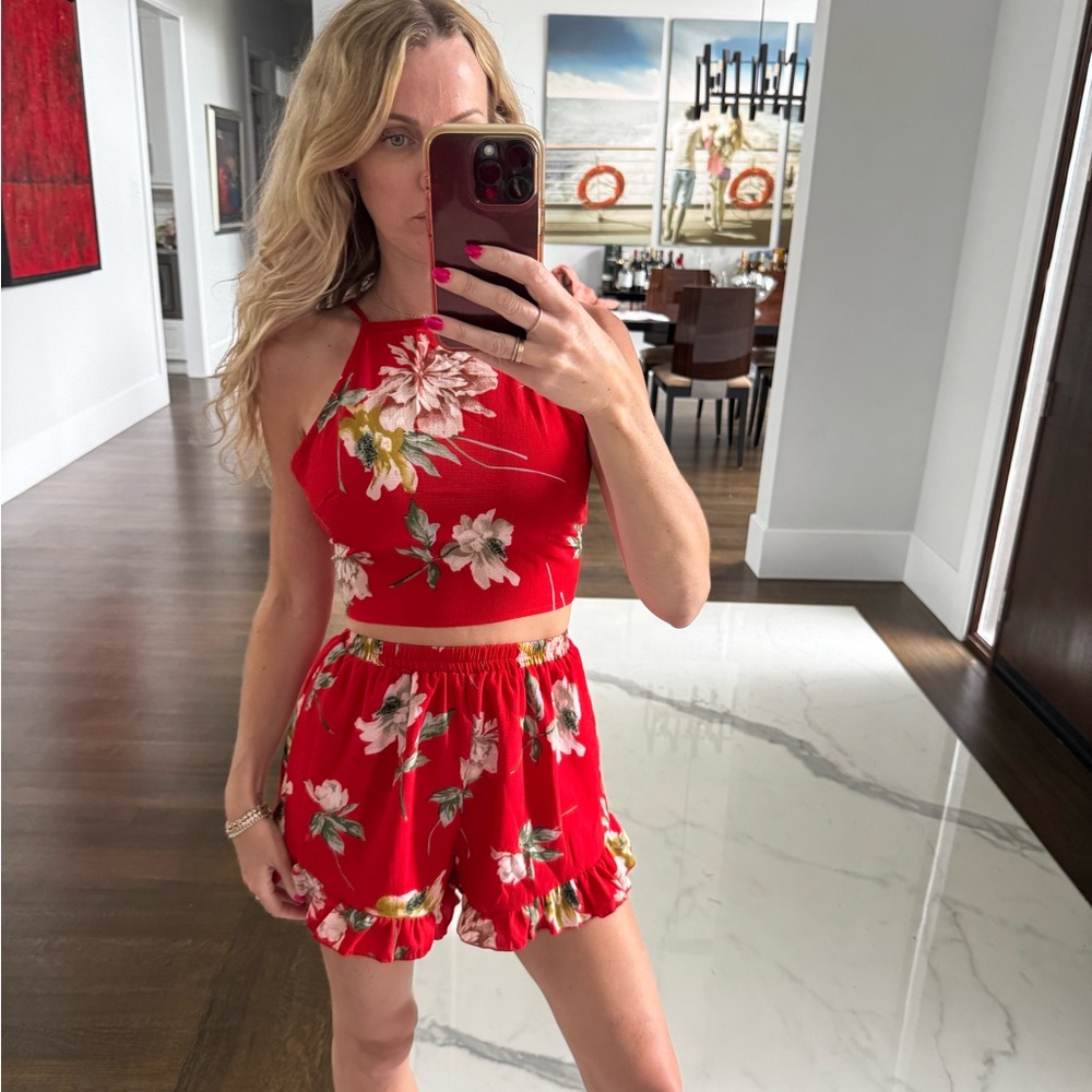 Floral Red Halter Top and Shorts Set